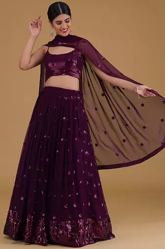 Wine Faux Georgette Embroidered Readymade Lehenga Choli Set