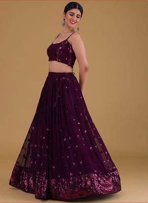 Wine Faux Georgette Embroidered Readymade Lehenga Choli Set 4