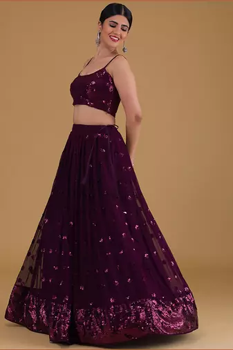 Wine Faux Georgette Embroidered Readymade Lehenga Choli Set