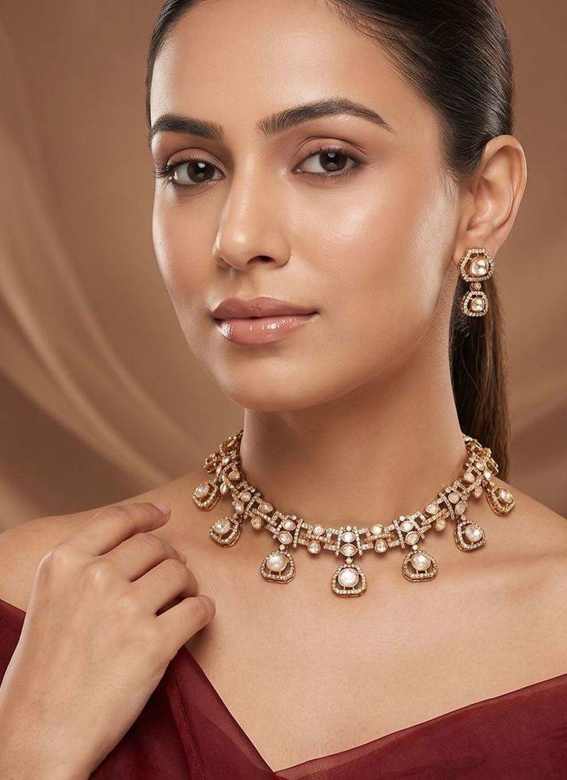 Gold plated moissanite kundan necklace set