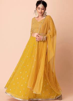 Mustard yellow Faux Georgette Embroidered Readymade Lehenga Choli Set 1