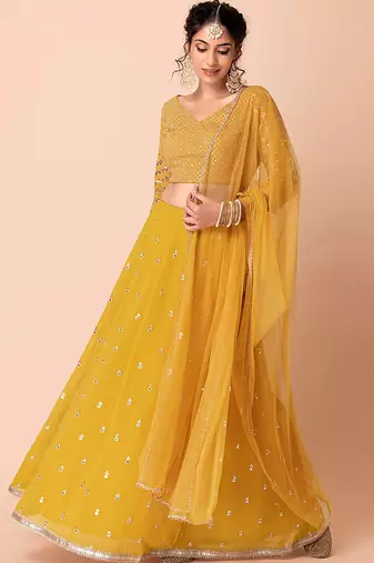 Mustard yellow Faux Georgette Embroidered Readymade Lehenga Choli Set