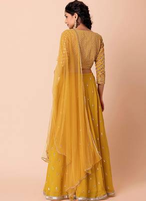 Mustard yellow Faux Georgette Embroidered Readymade Lehenga Choli Set 2