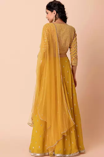 Mustard yellow Faux Georgette Embroidered Readymade Lehenga Choli Set