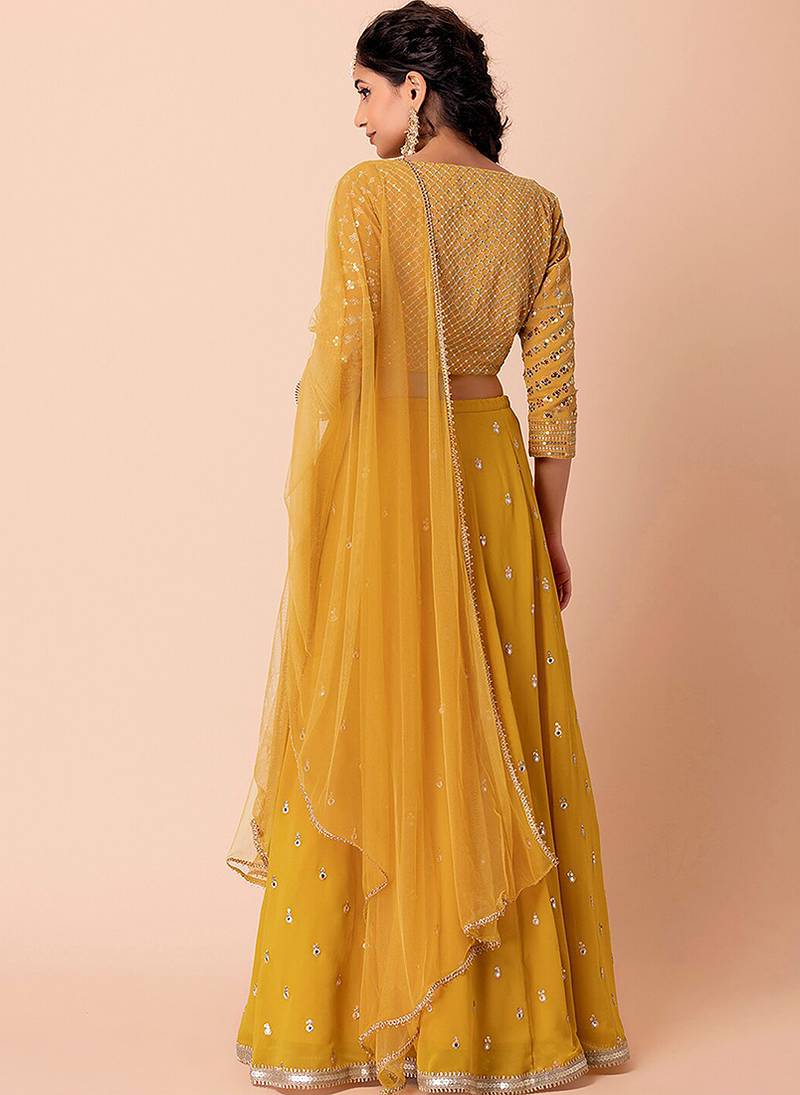 Mustard yellow Faux Georgette Embroidered Readymade Lehenga Choli Set