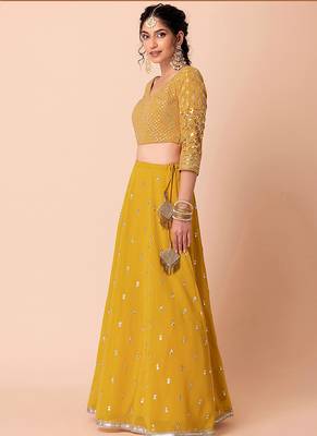 Mustard yellow Faux Georgette Embroidered Readymade Lehenga Choli Set 3