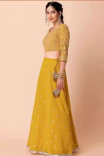 Mustard yellow Faux Georgette Embroidered Readymade Lehenga Choli Set
