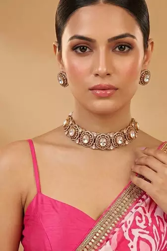 Gold plated premium moissanite kundan choker set