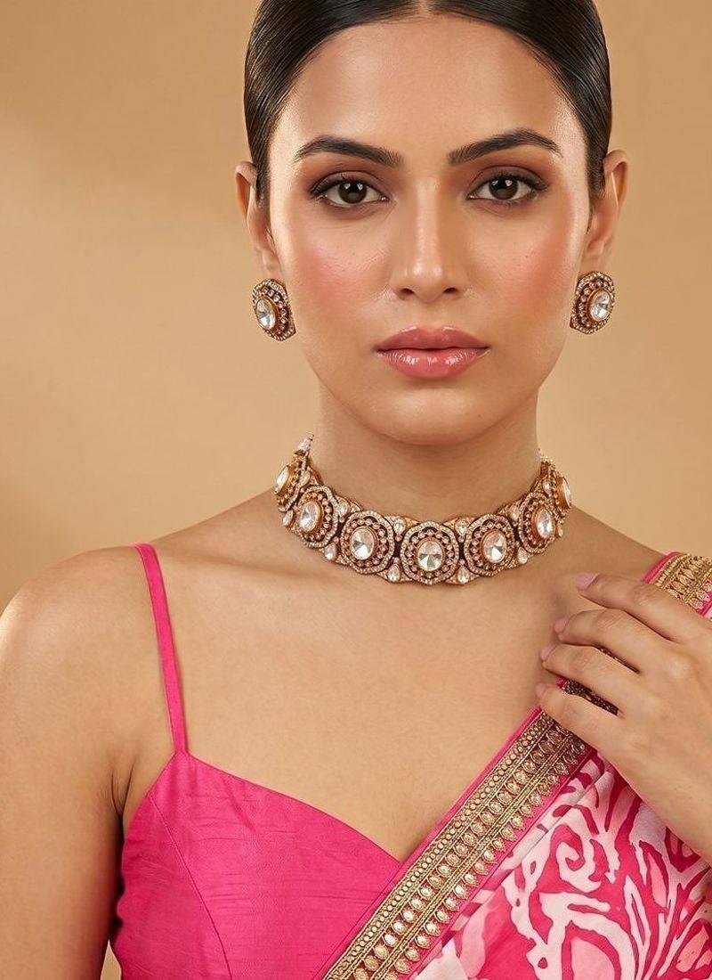 Gold plated premium moissanite kundan choker set
