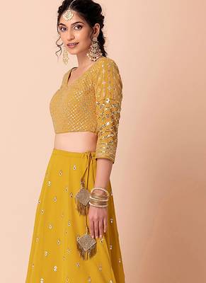 Mustard yellow Faux Georgette Embroidered Readymade Lehenga Choli Set 4