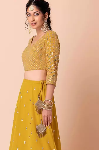 Mustard yellow Faux Georgette Embroidered Readymade Lehenga Choli Set