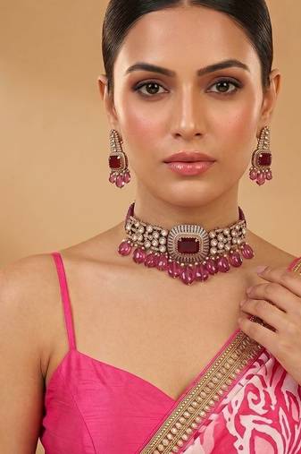 Ruby pink premium kundan moissanite choker set
