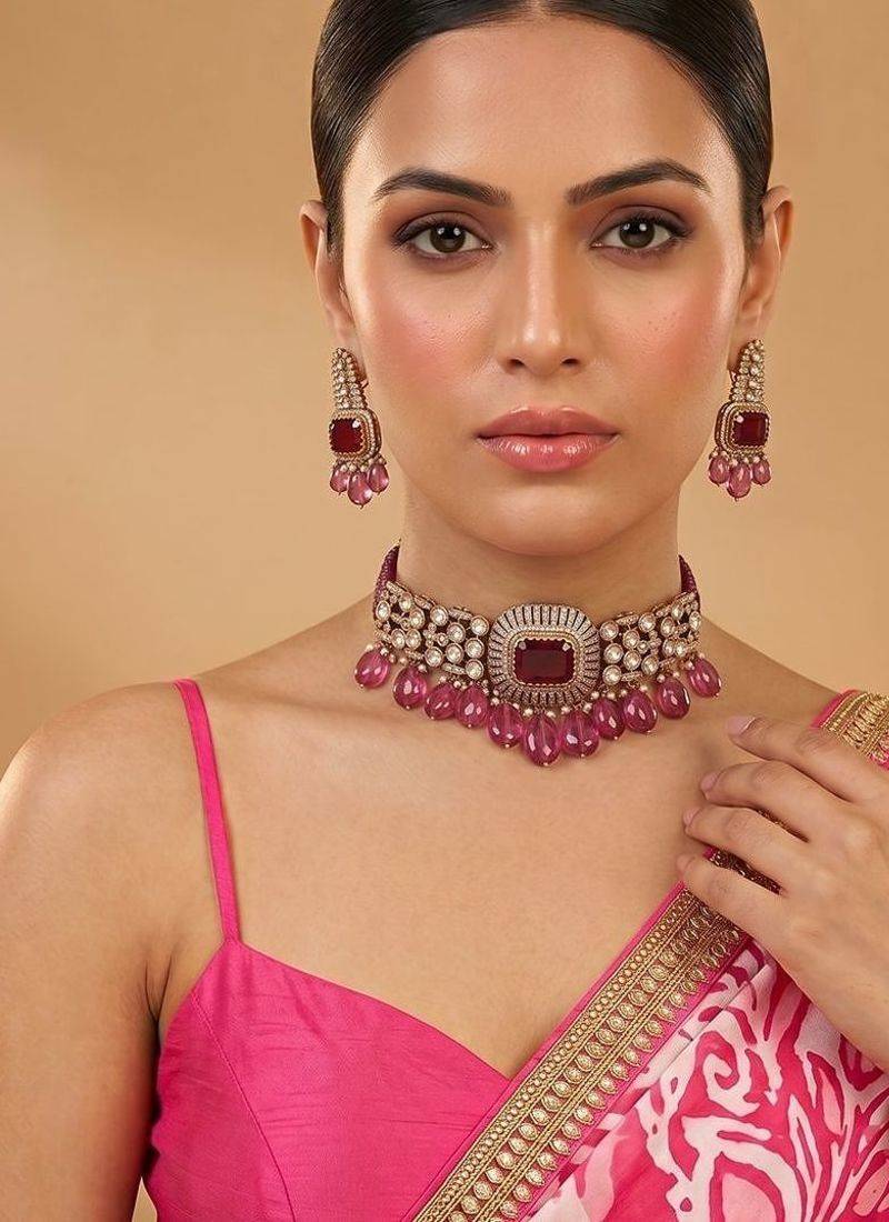 Ruby pink premium kundan moissanite choker set