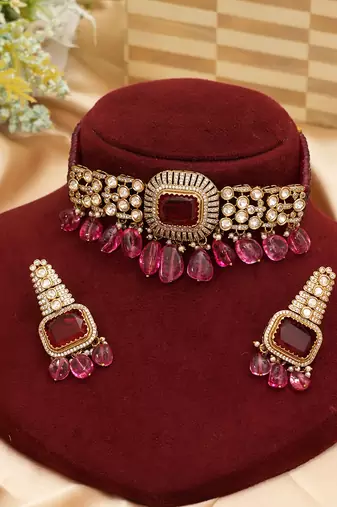 Ruby pink premium kundan moissanite choker set
