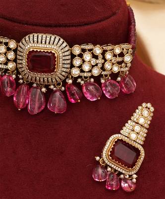 Ruby pink premium kundan moissanite choker set 3