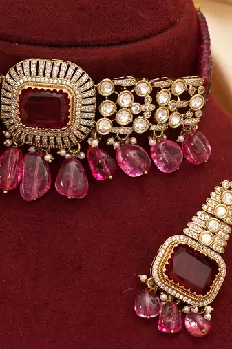 Ruby pink premium kundan moissanite choker set