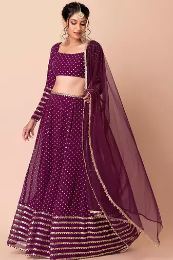 Purple Faux Georgette Embroidered Readymade Lehenga Choli Set