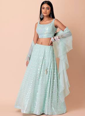 Sky blue Faux Georgette Embroidered Readymade Lehenga Choli Set 1