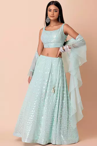 Sky blue Faux Georgette Embroidered Readymade Lehenga Choli Set