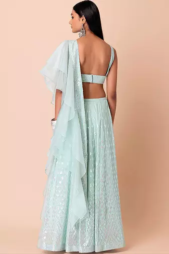 Sky blue Faux Georgette Embroidered Readymade Lehenga Choli Set