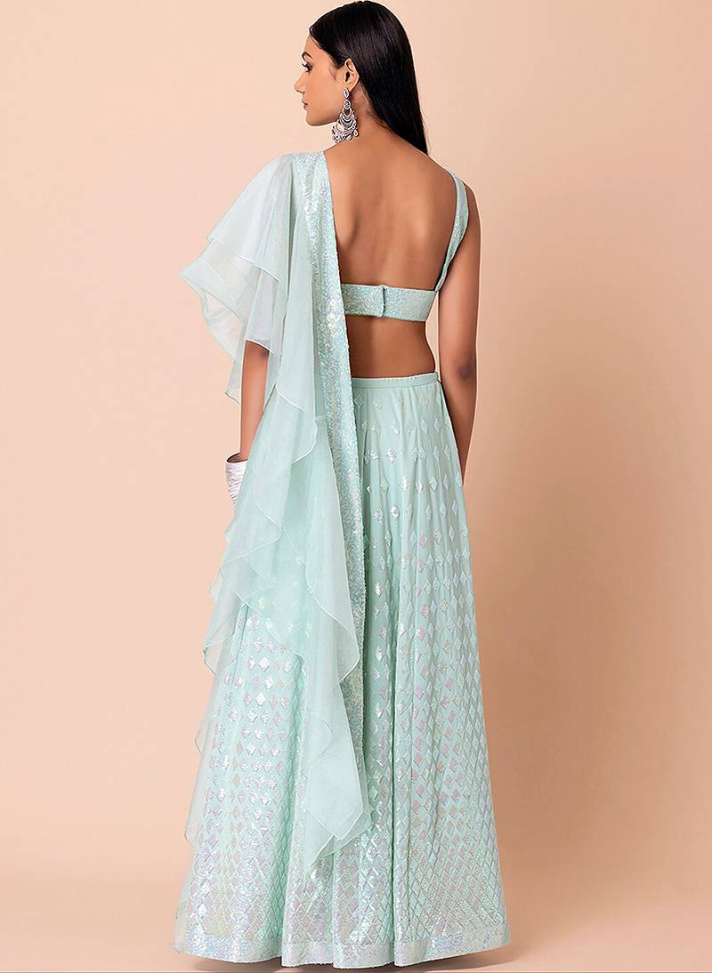 Sky blue Faux Georgette Embroidered Readymade Lehenga Choli Set