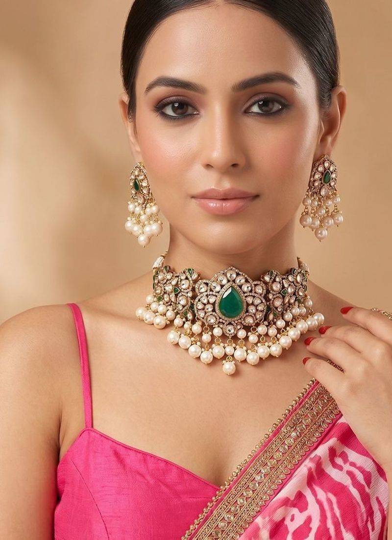 Emerald green royal kundan choker set
