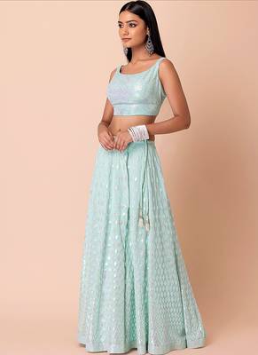 Sky blue Faux Georgette Embroidered Readymade Lehenga Choli Set 3