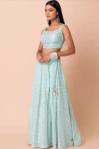 Sky blue Faux Georgette Embroidered Readymade Lehenga Choli Set
