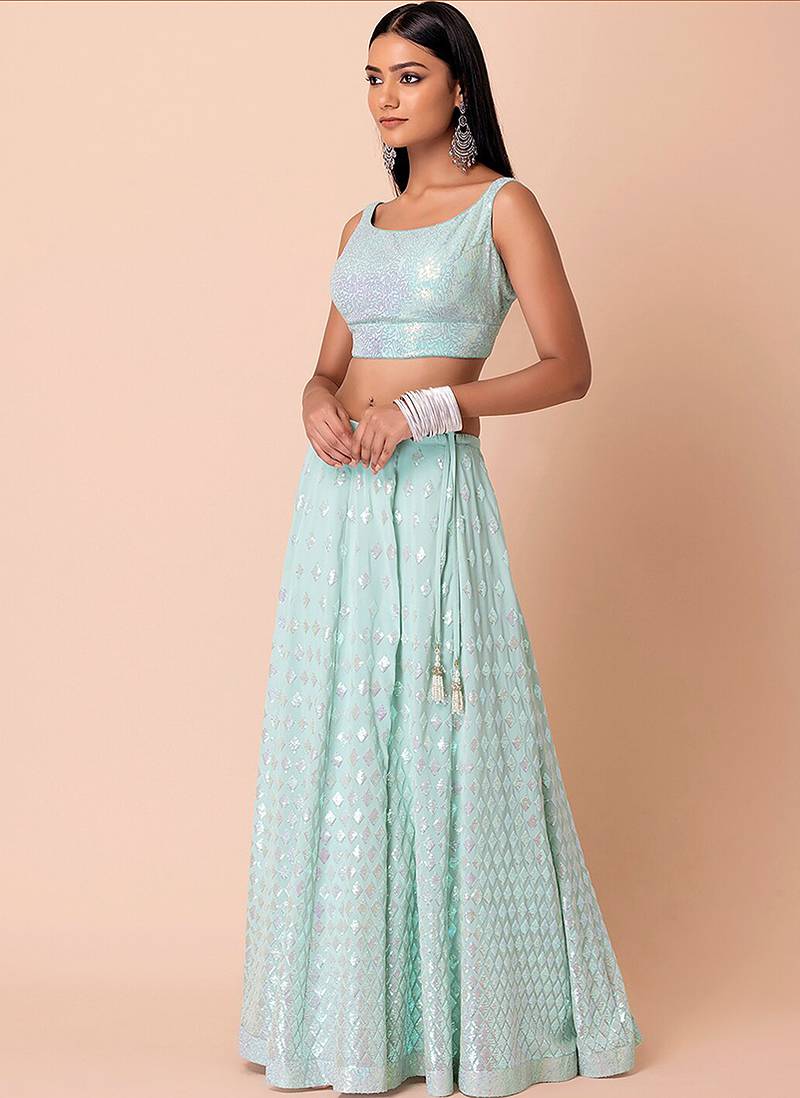 Sky blue Faux Georgette Embroidered Readymade Lehenga Choli Set