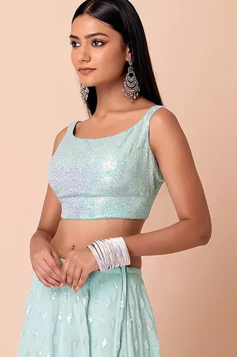 Sky blue Faux Georgette Embroidered Readymade Lehenga Choli Set