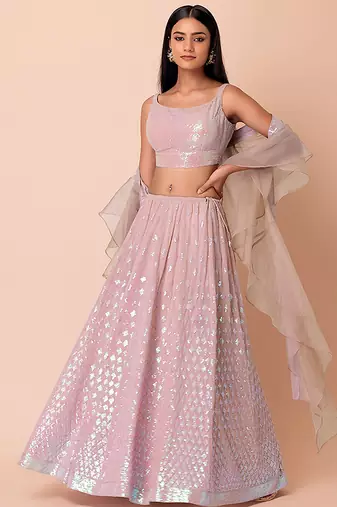 Baby Pink Faux Georgette Embroidered Readymade Lehenga Choli Set