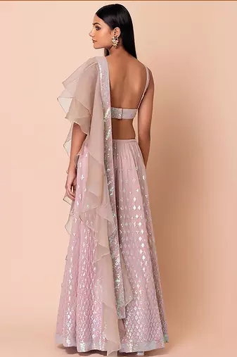 Baby Pink Faux Georgette Embroidered Readymade Lehenga Choli Set