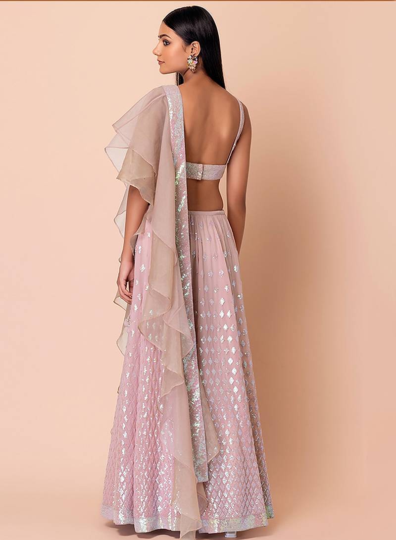 Baby Pink Faux Georgette Embroidered Readymade Lehenga Choli Set