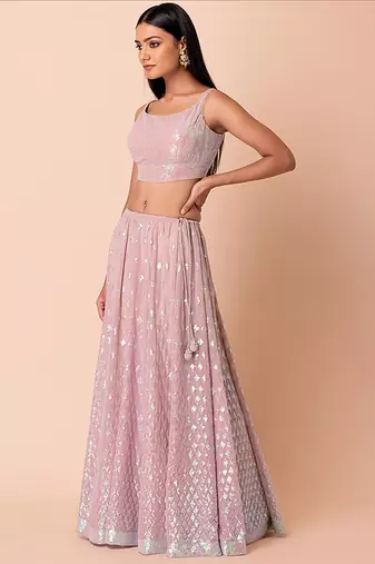 Baby Pink Faux Georgette Embroidered Readymade Lehenga Choli Set