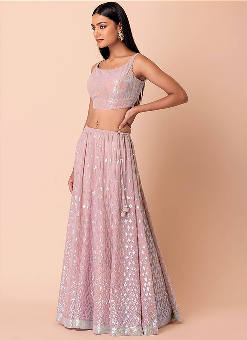 Baby Pink Faux Georgette Embroidered Readymade Lehenga Choli Set