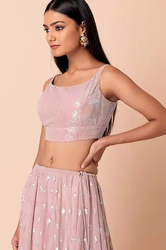 Baby Pink Faux Georgette Embroidered Readymade Lehenga Choli Set