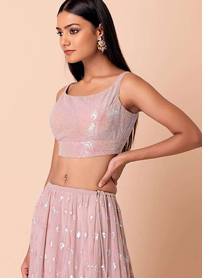 Baby Pink Faux Georgette Embroidered Readymade Lehenga Choli Set