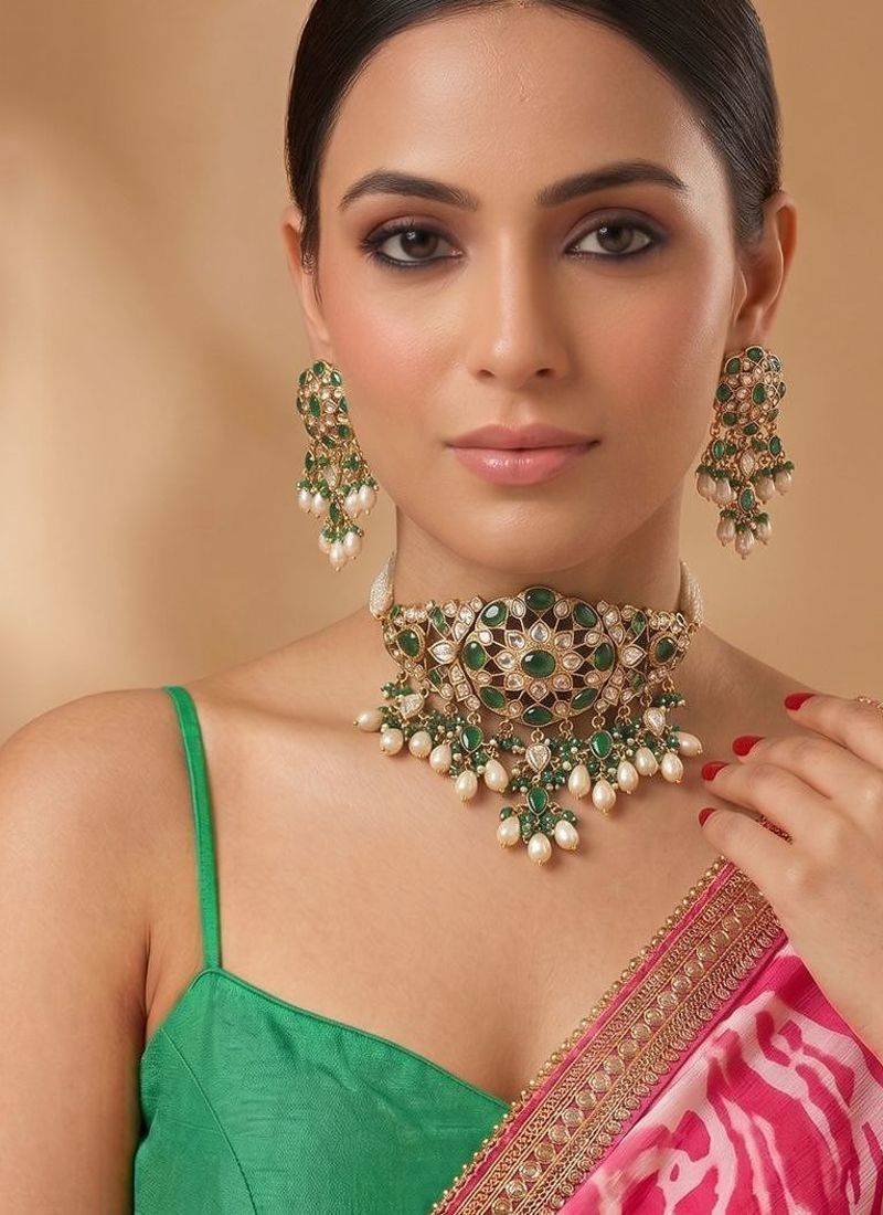 Royal emerald green moissanite kundan choker set