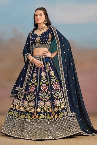 Navy Blue Embroidered Faux Georgette Reasymade Lehenga Choli