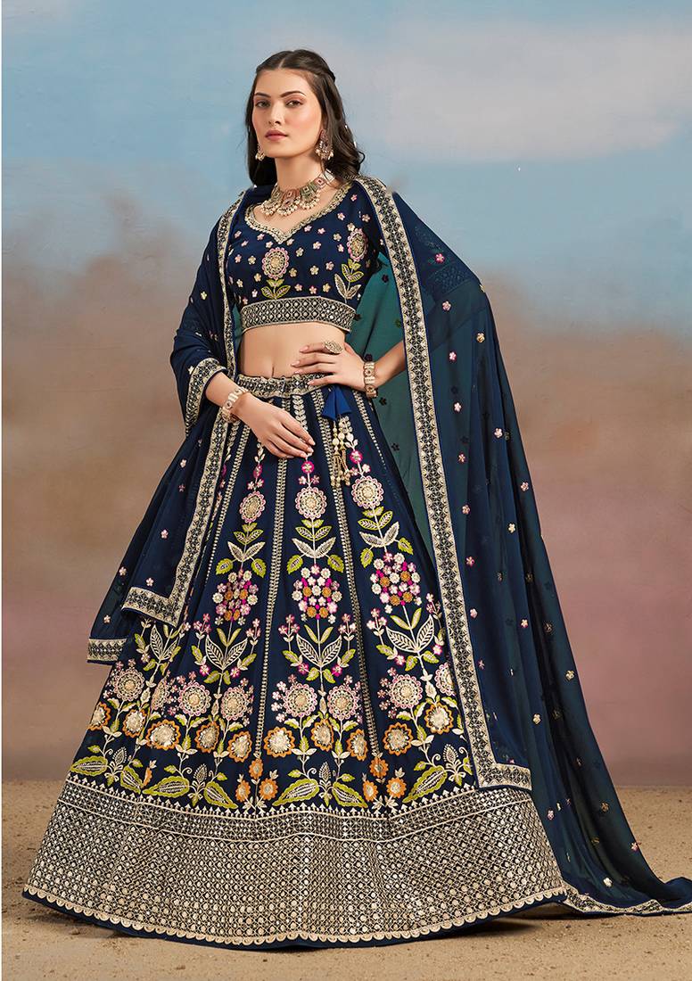 Navy Blue Embroidered Faux Georgette Reasymade Lehenga Choli