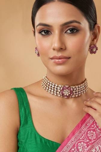 Ruby pink kundan moissanite necklace set