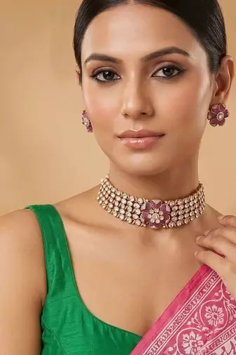 Ruby pink kundan moissanite necklace set