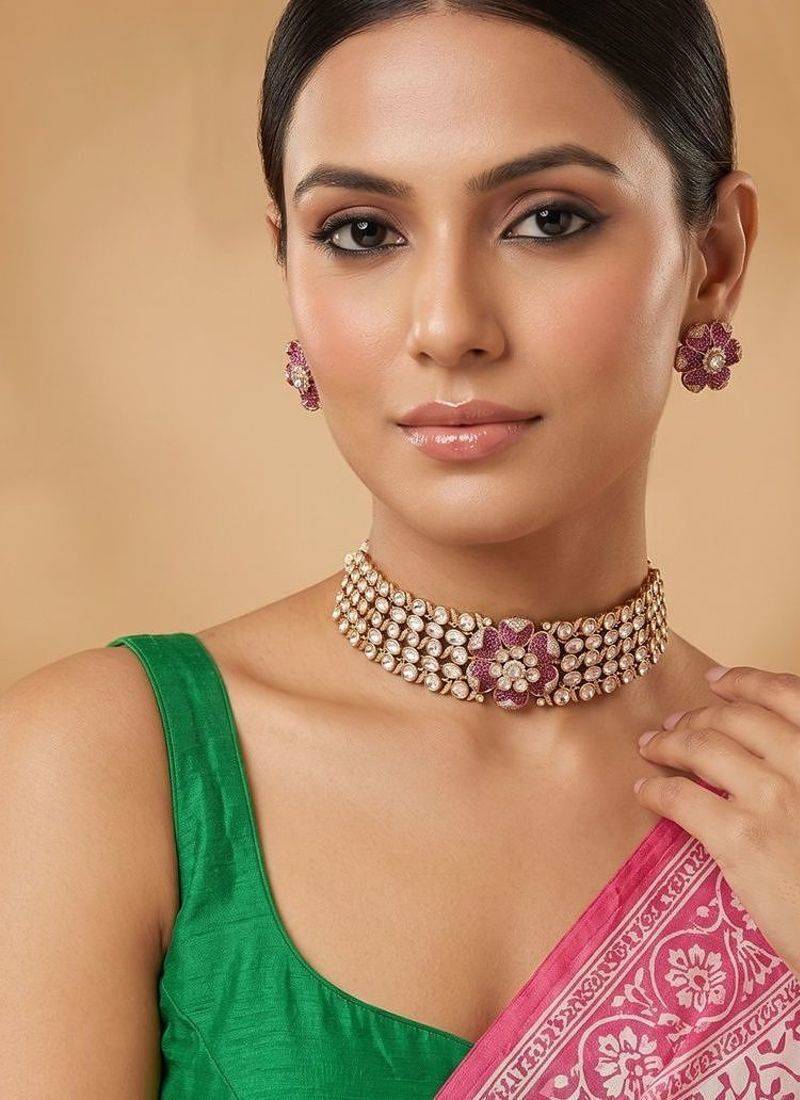 Ruby pink kundan moissanite necklace set