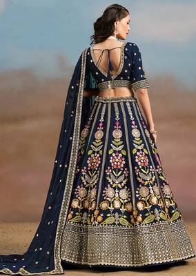 Navy Blue Embroidered Faux Georgette Reasymade Lehenga Choli 2