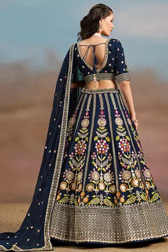 Navy Blue Embroidered Faux Georgette Reasymade Lehenga Choli
