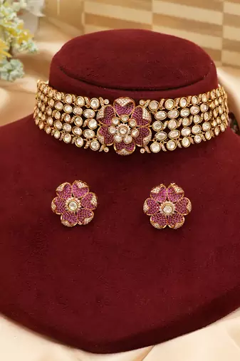 Ruby pink kundan moissanite necklace set