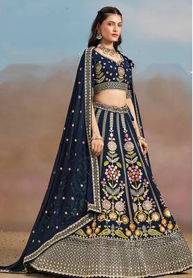 Navy Blue Embroidered Faux Georgette Reasymade Lehenga Choli 3