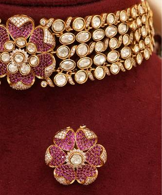 Ruby pink kundan moissanite necklace set 3