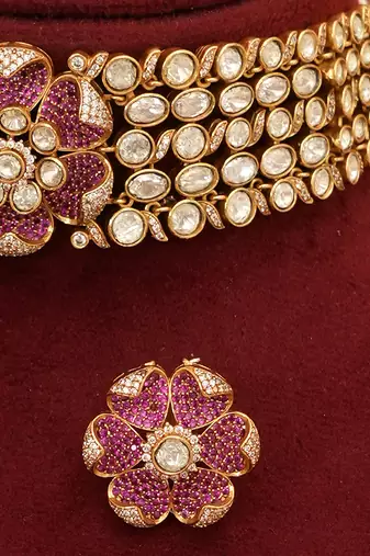 Ruby pink kundan moissanite necklace set