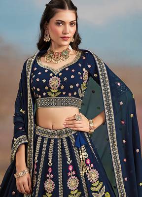 Navy Blue Embroidered Faux Georgette Reasymade Lehenga Choli 4